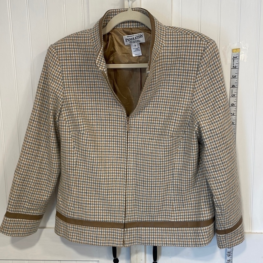 Pendleton wool jacket in brown & cream shades w/lambskin leather trim size 8